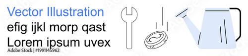 Maintenance, repair, growth, financial savings, gardening, DIY projects. Wrench, watering can and coin with minimal lines. Maintenance and growth ideas emphasizing practical tools and savings