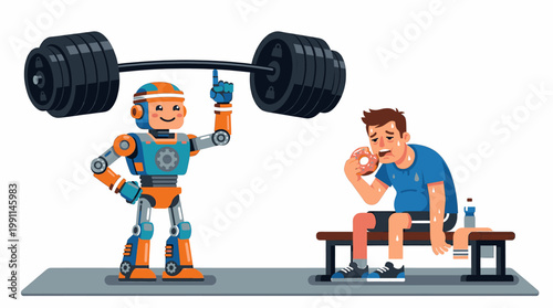 Robot Demonstrates Impressive Strength Effortlessly Contrasting a Tired Man Eating a Donut