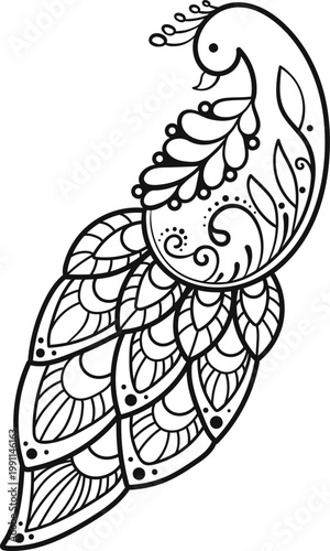 Mehndi Peacock Ornament, Hand Drawn Lineart Vector, Indian Decorative Clipart for Wedding