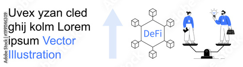 Decentralized finance, blockchain technology, business solutions, digital economy, innovation, financial equality. Blockchain network and businesspeople on balance scale. Decentralized finance