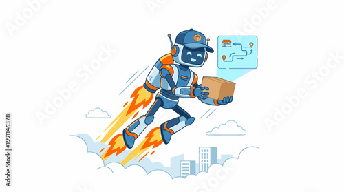 Robot with Rockets Delivering Package in Futuristic City