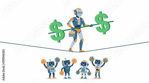 Robot Tightrope Walker Balances Dollar Signs on a Pole with Cheerleaders Below