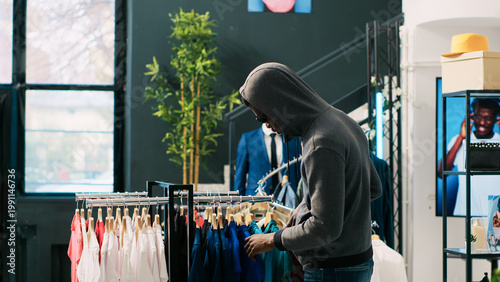 Photos African american thief robbing clothing store, analyzing racks with stylish clothes