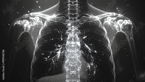 Human Chest X-ray: This striking X-ray image of the human chest offers a glimpse into the intricacies of the human anatomy, highlighting the skeletal structure and internal organs.