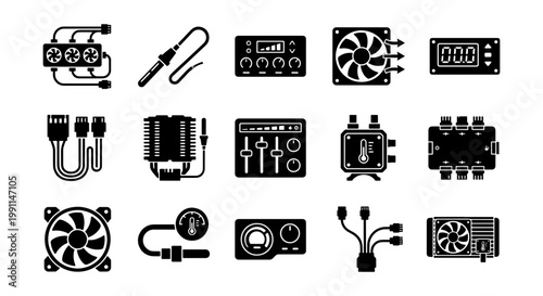Computer cooling system icons set, 15 black vector elements for PC hardware maintenance, thermal management and electronic repair tools