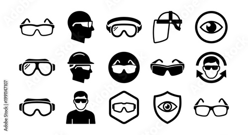 Safety glasses and eye protection icons, set of 15 industrial PPE vector symbols, protective eyewear and face shield signs for workplace health