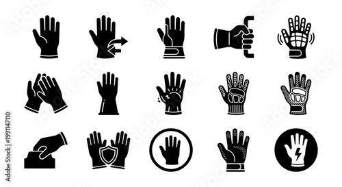 Industrial safety gloves icon set, protective work handwear vector collection, 15 black glyph symbols for occupational health and manual labor safety