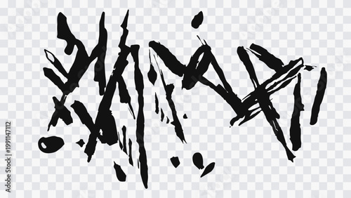 Abstract manga-style brushstroke composition with rough ink splashes and chaotic strokes. Hand-drawn black paint marks on transparent background, ideal for grunge designs, comic effects.