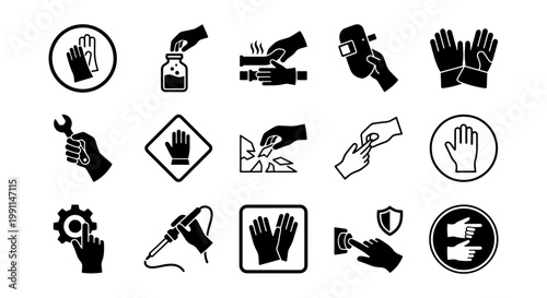 Industrial safety glove icons set, black and white protective hand wear symbols, 15 occupational health and safety vector signs for manual labor