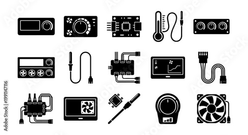 Electronic hardware and computer cooling icons, 15 black vector silhouettes of fan controllers, thermal sensors, and circuit boards for PC building
