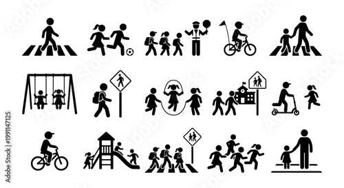 School zone safety icons set, children crossing street and playground activities vector, student silhouettes with traffic signs and school building