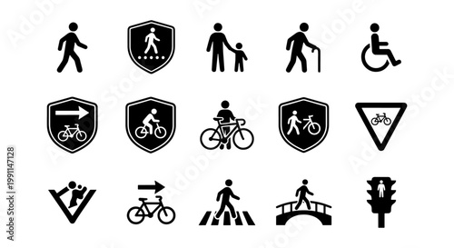 Pedestrian and bicycle traffic sign icons, set of 15 black silhouette symbols for road safety, walking and cycling navigation pictograms for urban planning