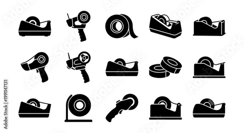 Adhesive tape dispenser icon set, black solid silhouette packaging tools, 15 office supply and shipping equipment vector elements