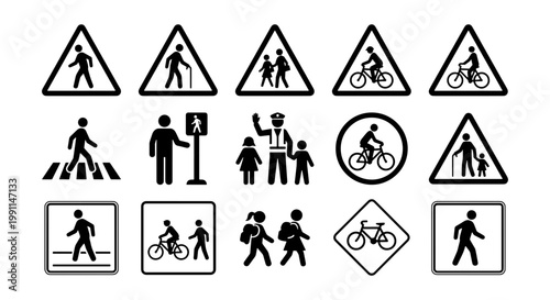 Cuadro en lienzo Road safety icon set with pedestrian and bicycle traffic signs, black silhouette