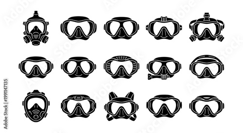 Scuba diving mask icons set, 15 black vector silhouettes of snorkeling goggles, professional underwater swimming equipment for sea exploration
