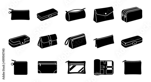 Minimalist pencil case icons set, black cosmetic bag and makeup pouch silhouettes, 15 stationery storage vector elements for school and travel