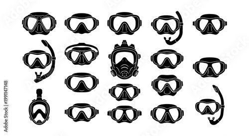 Scuba diving mask icons set, black snorkeling goggles and underwater breathing equipment vectors, 18 professional diver gear silhouettes for summer sports