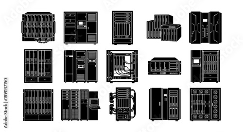 Data center server rack icons set, black silhouette computer hardware equipment, 15 vector network storage units for cloud computing and IT infrastructure