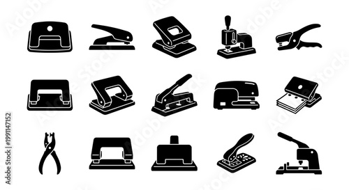 Professional hole puncher and stapler icons, set of 15 black office stationery vector elements, paper punching tools for school and business documentation