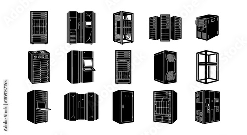 Data center server rack icons, set of 15 black silhouette computer hardware vectors, network hosting equipment and mainframe storage units
