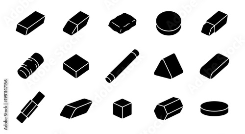 Isometric eraser icon set, black rubber stationery silhouettes, collection of 15 school and office supplies, vector drawing equipment for back to school