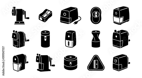Pencil sharpener icon set, 15 black silhouette vector elements, manual and electric stationery tools for school and office supplies
