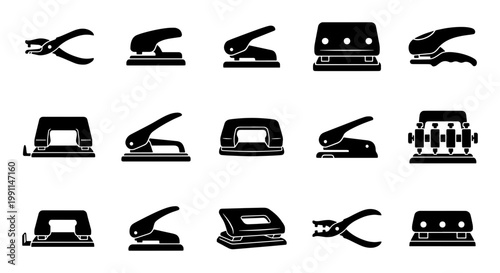 Hole puncher and stapler icon set, 15 black vector silhouettes of office stationery, professional paper binding and document organization tools