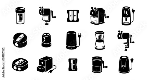 Pencil sharpener icon set, 15 black vector silhouettes of manual and electric sharpeners, office stationery and school supply equipment