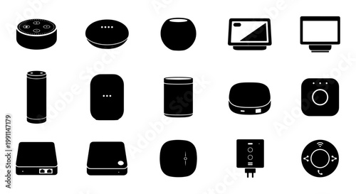 Smart home speaker icons set, 15 black solid vector silhouettes of voice assistant devices, wireless audio hardware and home automation tech