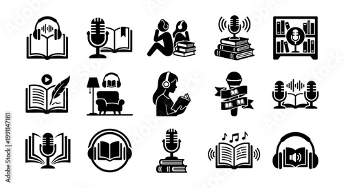 Audiobook and podcast icon set, 15 black vector symbols for digital library and online education, audio reading and storytelling icons