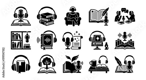 Audiobook and podcast icons set, 15 black vector symbols for digital storytelling, audio literature and online education concepts
