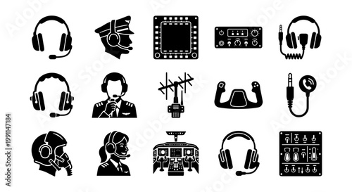 Aviation communication icons set, 15 black silhouette pilot headset and cockpit radio symbols, aircraft flight control and antenna vector elements