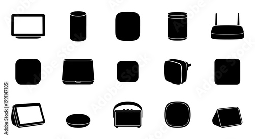 Smart home device icons set, 15 black silhouette electronics vectors, modern voice assistant and wireless speaker collection for interface design