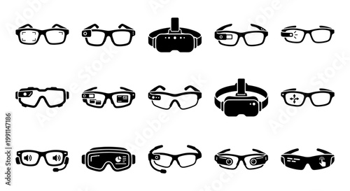 Smart glasses and VR headset icon set, 15 black vector elements for augmented reality, wearable technology and virtual reality hardware