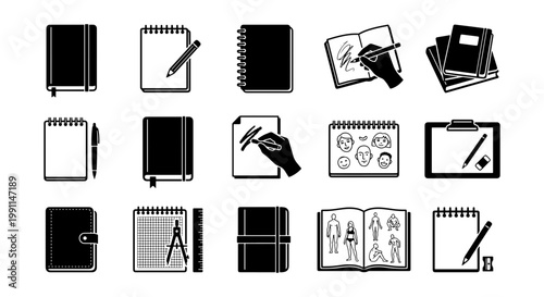 Minimalist notebook icons set, black and white sketchbook vector collection, 15 stationery symbols for journaling and creative writing