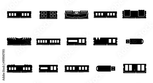 Computer RAM memory modules and USB flash drive icons, set of 15 black silhouette hardware components, digital storage and PC hardware vector