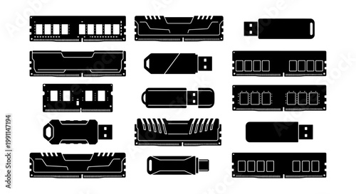 Computer hardware components silhouette set, 14 vector icons of RAM memory modules and USB flash drives, black digital storage and memory hardware