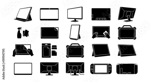 Black silhouette computer monitor icons, 20 electronic screen and tablet protector vector elements, digital display maintenance and hardware set