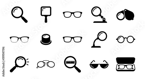Magnifying glass and eyewear icons set, 15 black vector optical symbols, magnifying lens and eyeglasses collection for vision and research