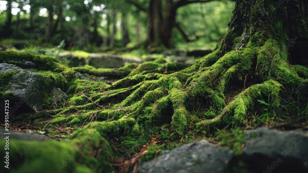 Obraz premium Moss Covered Tree Roots in Forest