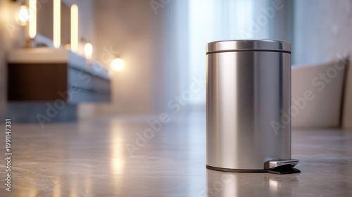 Modern stainless steel trash bin with pedal in a sleek contemporary bathroom featuring soft lighting and reflective marble flooring for home decor