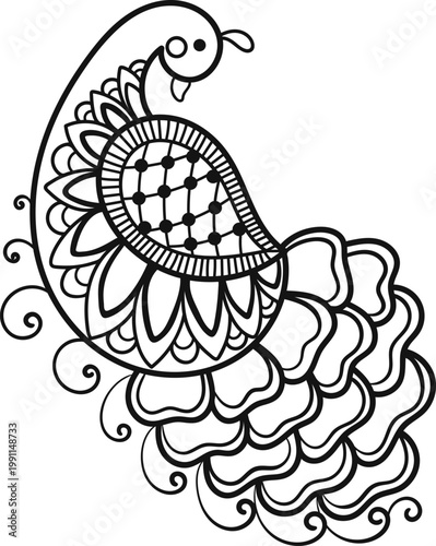 Peacock Mehndi Ornament, Hand Drawn Outline Vector, Indian Ethnic Decorative Clipart