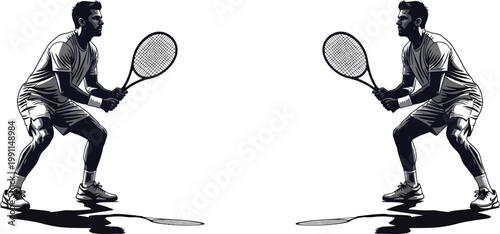 A tennis player prepares to hit a shot with his racket in a ready position