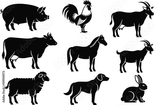 A collection of farm animal silhouettes including a pig, rooster, goat, cow, horse, sheep, dog, and rabbit.