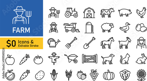 A collection of farm icons in a flat design style, including various agricultural symbols and objects, perfect for use in marketing, advertising, and educational materials.