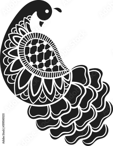 Peacock Doodle Style Ornamental Bird, Black Silhouette Vector Clipart, Decorative Flat Element