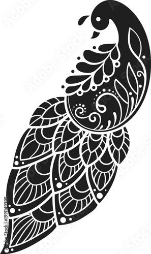Peacock Indian Style Ornamental Bird, Black Silhouette Vector Clipart, Decorative Element