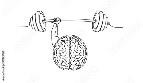Brain lifting barbell continuous line art mental strength concept vector illustration