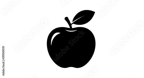 Vector illustration of black silhouette of an apple with a leaf icon on a transparent background