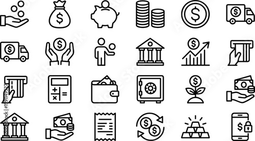 A collection of flat design icons representing various financial concepts, including banking, money, and investment, ideal for use in marketing, advertising, and educational materials.